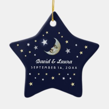 Navy Blue Gold & White Moon & Stars Wedding Custom Double-sided Star Ceramic Christmas Ornament by juliea2010 at Zazzle