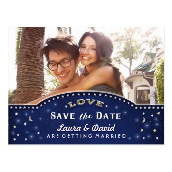 Navy Blue Gold White Stars Photo Save The Date Postcard by juliea2010 at Zazzle