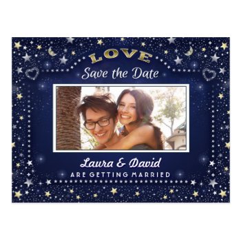 Navy Blue Gold White Stars Photo Save The Date Postcard by juliea2010 at Zazzle