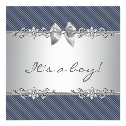 Navy Blue Gray Pinstripe Boy Shower Personalized Announcements