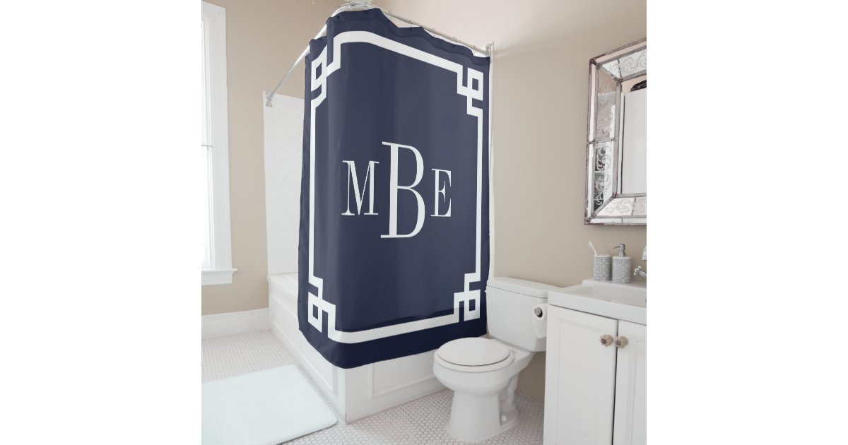 Navy Blue Greek Key Border Monogram Shower Curtain Zazzle