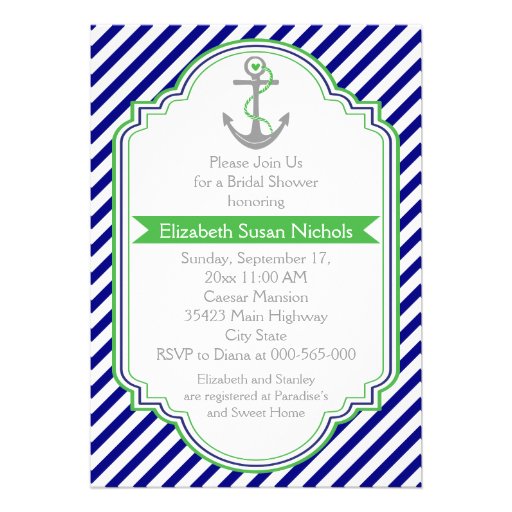 Navy blue, green nautical wedding bridal shower custom announcements
