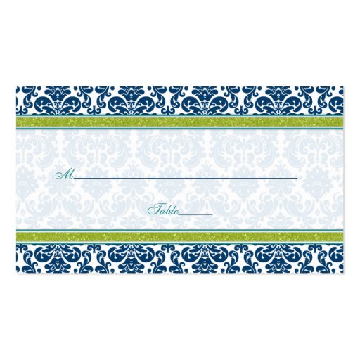 Navy Blue Green Teal Damask Wedding Place Cards Business Card (front side)