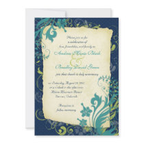 Navy Blue Green Teal Floral Wedding Invitation