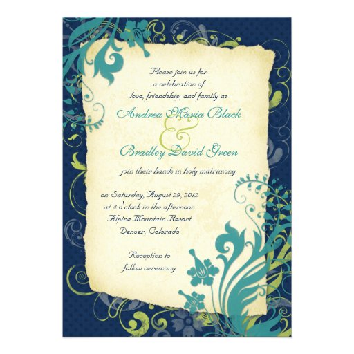 Navy Blue Green Teal Floral Wedding Invitation