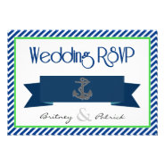 Navy Blue Green White Nautical Wedding RSVP Cards Invitations