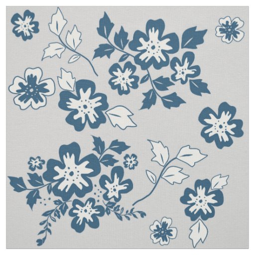 Navy Blue, Grey and White Floral Pattern Fabric Zazzle