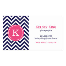 Navy Blue & Hot Pink Chevron Custom Monogram Business Card