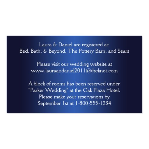 Navy Blue Joined Hearts Wedding Information Card Business Card (back side)