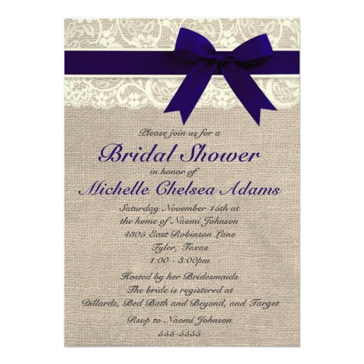 Navy Blue Lace Burlap Bridal Shower Invitation (front side)
