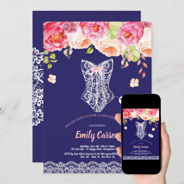 Navy Blue Lace Lingerie Shower Bridal Party Invitation Zazzle