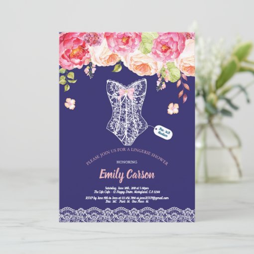 Navy Blue Lace Lingerie Shower Bridal Party Invitation Zazzle