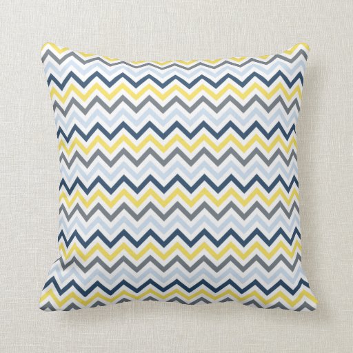 Navy Blue, Light Blue, Yellow, and Gray Chevron Throw Pillow Zazzle