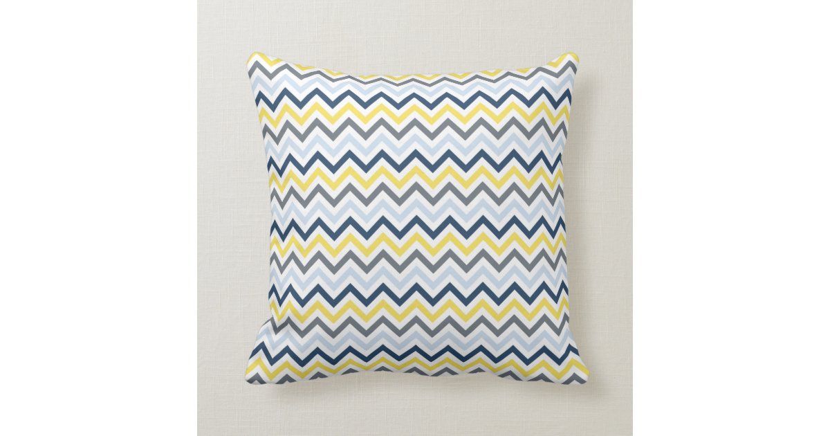 Navy Blue, Light Blue, Yellow, and Gray Chevron Throw Pillow Zazzle