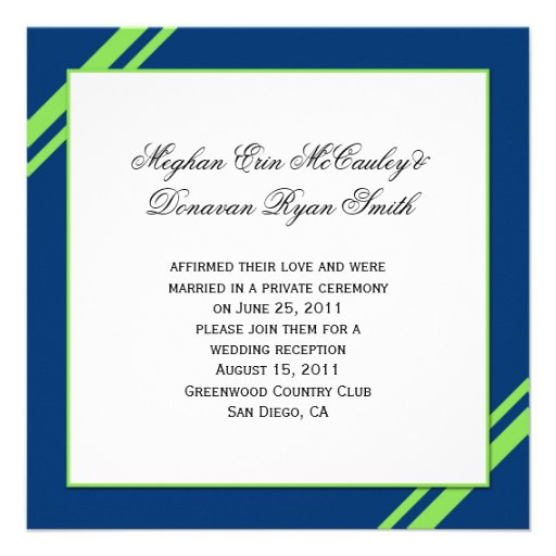 Navy Blue Lime Green Stripes Post Wedding Personalized Invitation