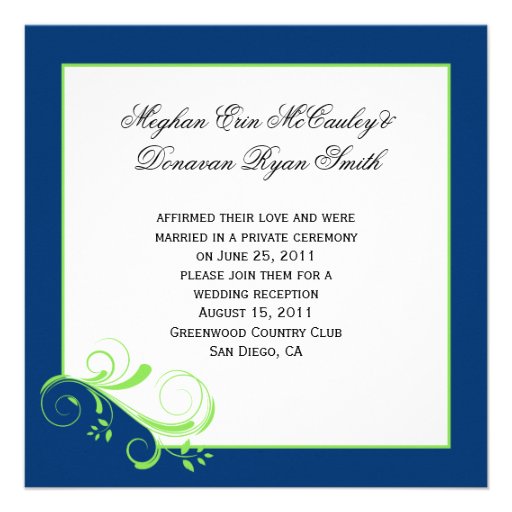 Navy Blue Lime Green Swirls Post Wedding Personalized Invite