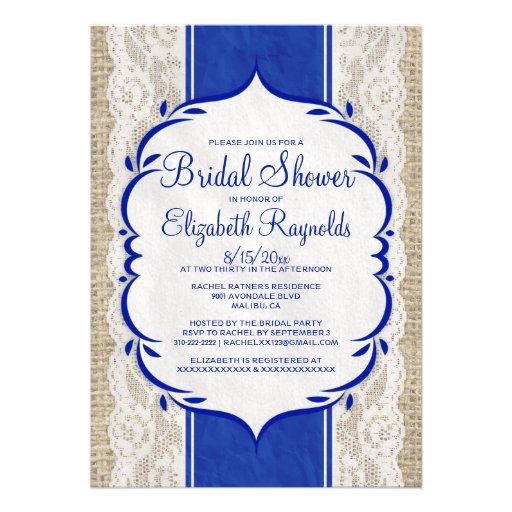 Navy Blue Linen Burlap Lace Bridal Shower Invites