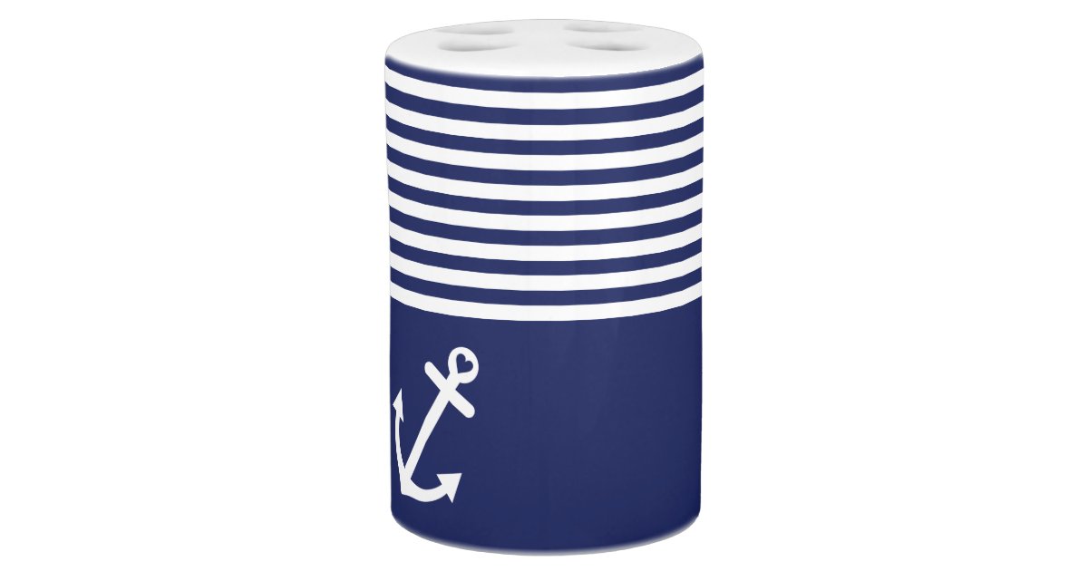 Navy Blue Love Anchor Nautical Soap Dispenser And Toothbrush Holder