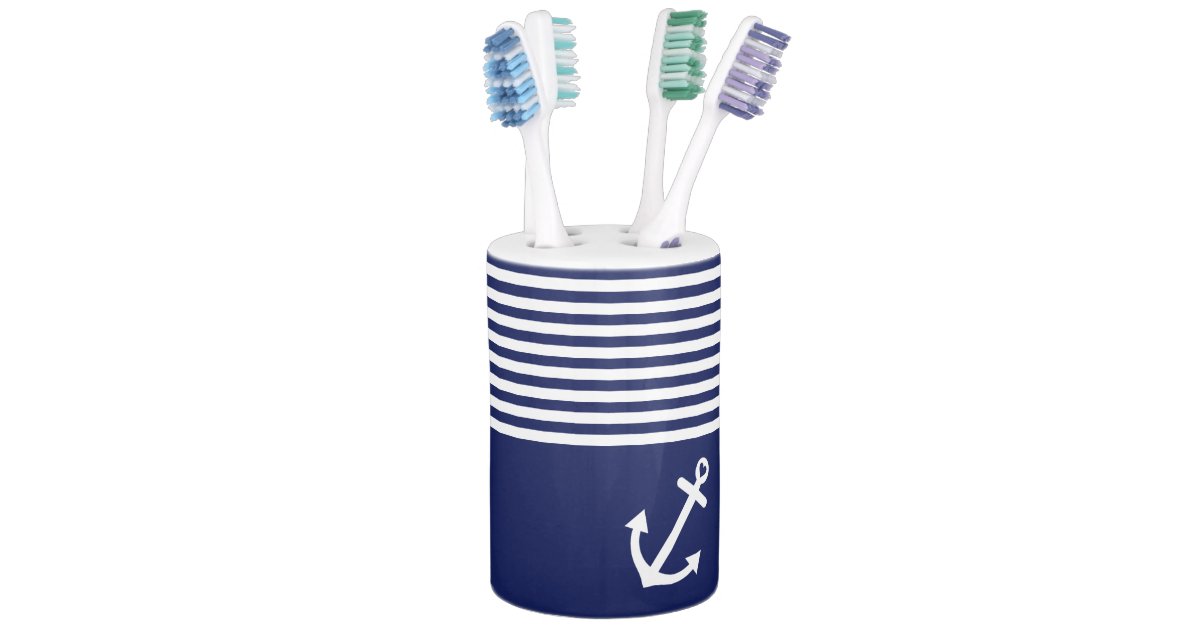 Navy Blue Love Anchor Nautical Soap Dispenser And Toothbrush Holder