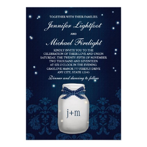 Navy Blue Mason Jar with Fireflies Wedding Personalized Announcement (front side)