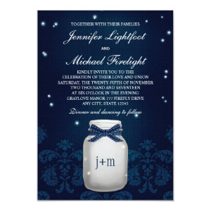Navy Blue Mason Jar with Fireflies Wedding Personalized Announcement