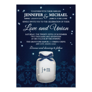 Navy Blue Mason Jar with Fireflies Wedding 5x7 Paper Invitation Card