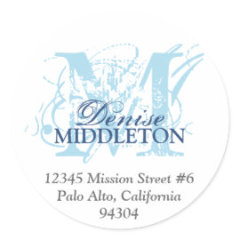 Navy blue monogram antique grunge address label round stickers