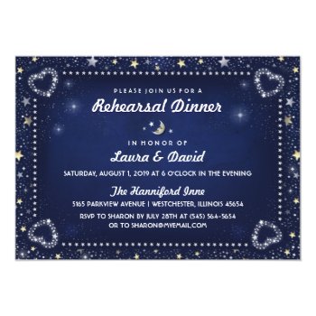 Navy Blue Moon Stars Gold & White Rehearsal Dinner 5x7 Paper Invitation Card by juliea2010 at Zazzle