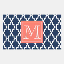 Navy Blue Moroccan Coral Monogram Rectangle Stickers