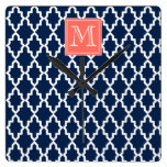 Navy Blue Moroccan Coral Monogram Wall Clock