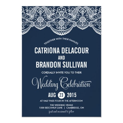 Navy Blue Moroccan Lace Pattern Wedding Invitation (front side)