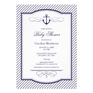 Navy Blue Nautical Anchor and Stripes Baby Shower Personalized Announcement