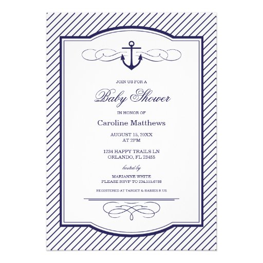 Navy Blue Nautical Anchor and Stripes Baby Shower Personalized Announcement (front side)
