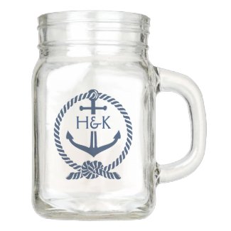 Navy-Blue Nautical Anchor & Rope With Knot Mason Jar