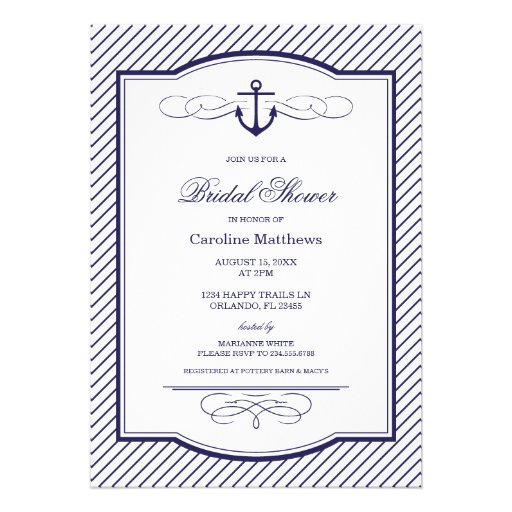 NAVY BLUE NAUTICAL ANCHOR & STRIPES BRIDAL SHOWER ANNOUNCEMENT (front side)
