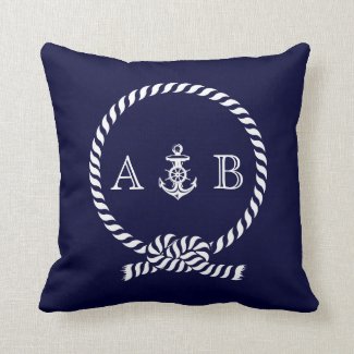 Navy Blue Nautical Rope and Anchor Monogram Pillow