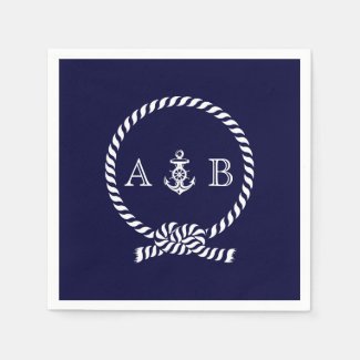 Navy Blue Nautical Rope and Anchor Monogrammed Paper Napkins