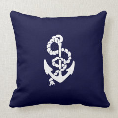 Navy Blue Nautical White Anchor Beach Throw Pillow