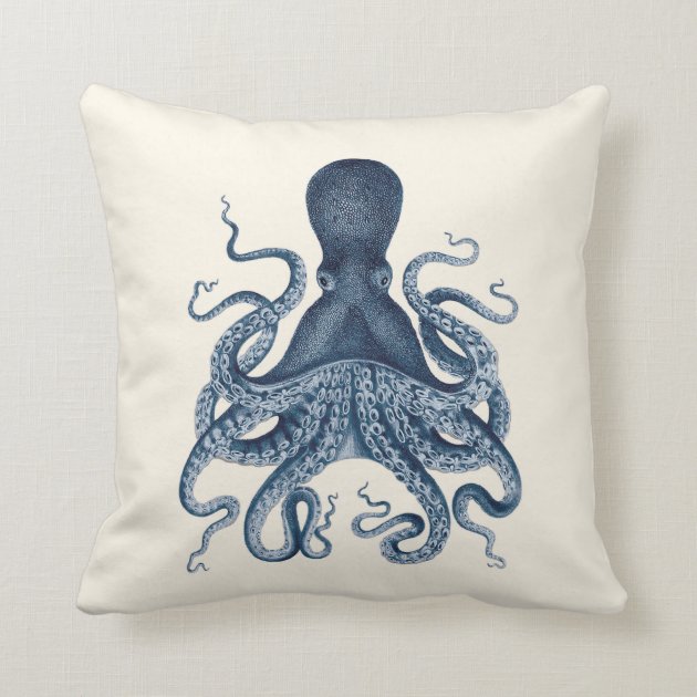 Navy Blue Octopus Illustration on Cream Pillow