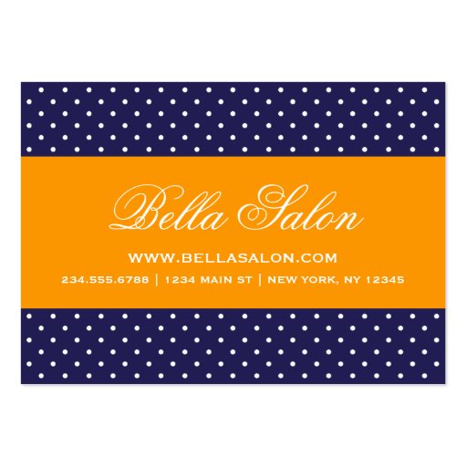Navy Blue & Orange Cute Modern Polka Dots Business Card (front side)