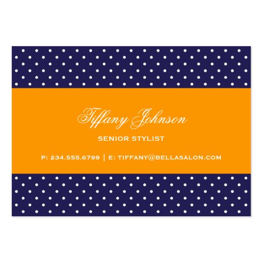 Navy Blue & Orange Cute Modern Polka Dots Business Card (back side)