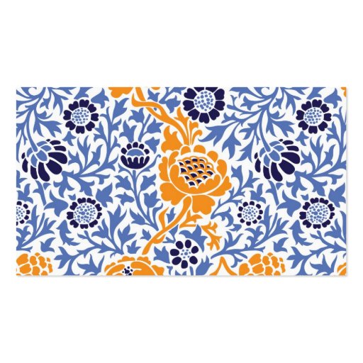 Navy Blue & Orange Retro Floral Damask Business Card Template (back side)