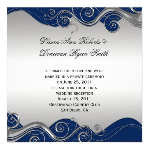 Navy Blue Ornate Silver Swirls Post Wedding Celebr Invitations (front side)