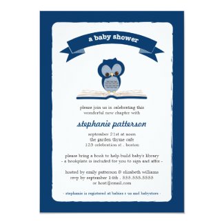 Navy Blue Owl Bring a Book Baby Shower Invitation