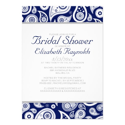 Navy Blue Paisley Bridal Shower Invitations