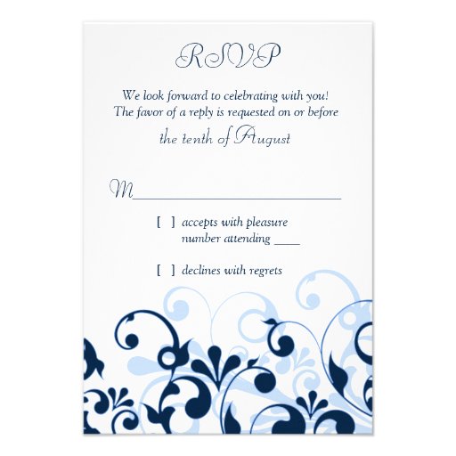 Navy Blue Pale Blue White Abstract Floral RSVP Custom Invitations