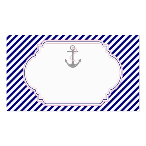 Navy blue, pink anchor nautical wedding place card business card template (front side)