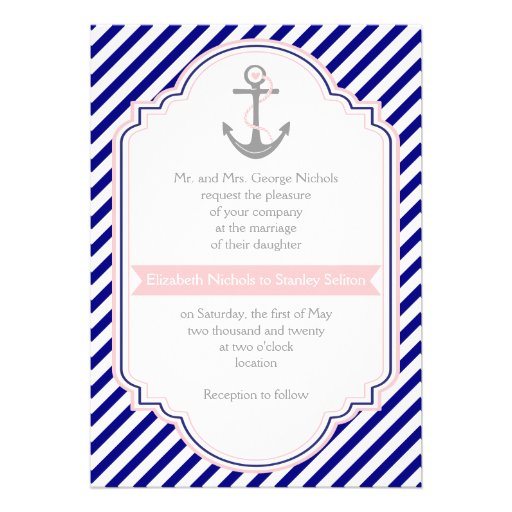 Navy blue, pink anchor & stripes nautical wedding cards
