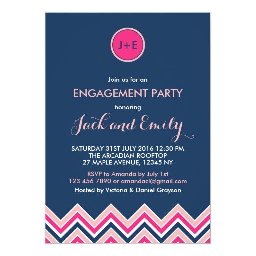 Navy Blue Pink Chevron Engagement Party Invitation