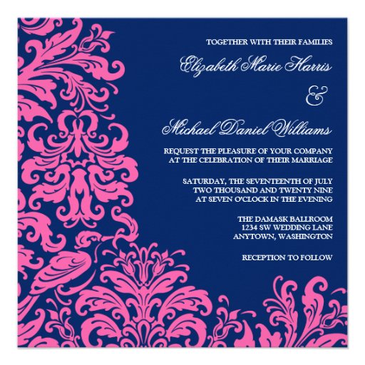 Navy Blue Pink Flourish Damask Wedding Invitations